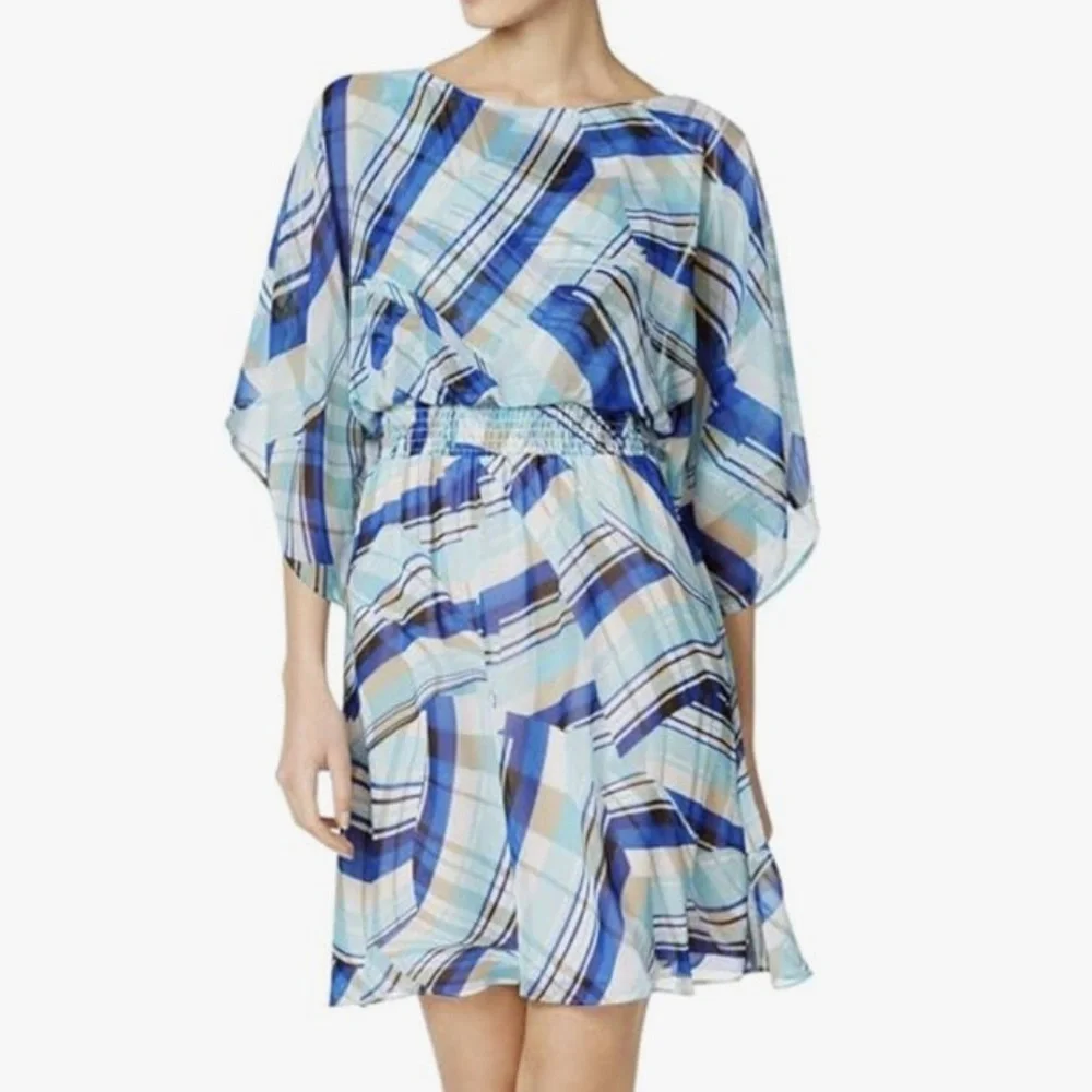 Calvin Klein Chiffon Kimono Dress in a Plaid Pattern of Blue and Tan and Green - Picture 1 of 16